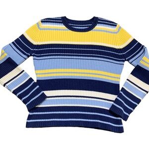 VINTAGE College Preppy Knit Varsity Stripe Long Sleeve Sweater Blue/Yellow Small
